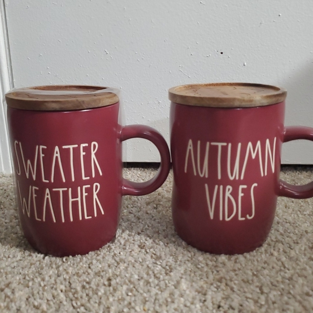 Rae Dunn Burgundy Ceramic Mug Set with Wooden Lids